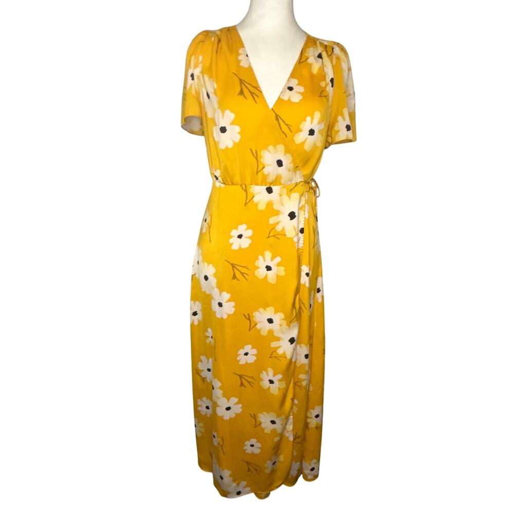 Madewell Wrap Dress Yellow Ikat Floral Puff Sleeves Midi Length Size Small‎